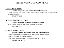 THREE VIEWS OF CONFLICT TRADITIONAL VIEW Conflict is dysfunctional, destructive and irrational