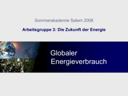 Globaler Energieverbrauch Sommerakademie Salem 2008 Arbeitsgruppe 3: Die Zukunft der Energie