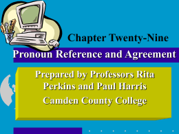 Pronoun Reference and Agreement Chapter Twenty-Nine Prepared by Professors Rita