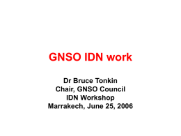 GNSO IDN work Dr Bruce Tonkin Chair, GNSO Council IDN Workshop