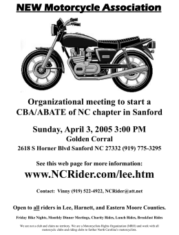 www.NCRider.com/lee.htm NEW Motorcycle Association Organizational meeting to start a