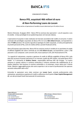 Banca IFIS, acquistati 466 milioni di euro di Non