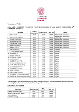 Venice, June, 16th 2016 FINAL LIST &ndash; SELECTION PROCEDURE