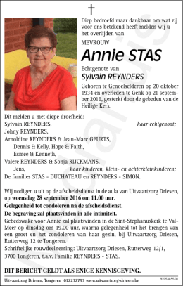 Mevrouw Annie Stas - Uitvaartzorg DRIESEN