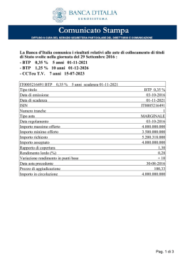 La Banca d`Italia comunica i risultati relativi alle aste di collocamento