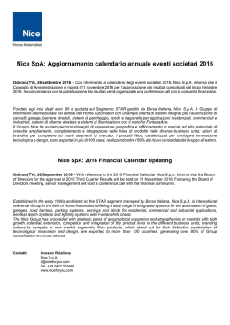 Nice SpA: Aggiornamento calendario annuale eventi societari 2016