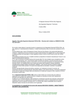 06-10-2016 - Rinnovo Ccnl Tlc: Nota interna FISTel-Cisl