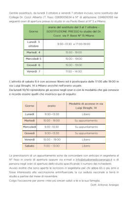 Informazioni e Orari Sostituzione dal 3 al 7 ottobre 2016