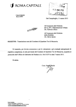 Lettera del Gabinetto del Sindaco al On Fabrizio