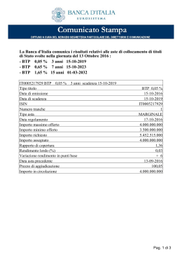 La Banca d`Italia comunica i risultati relativi alle aste di collocamento