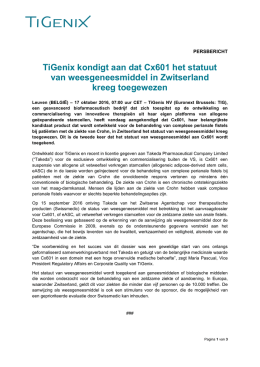 TiGenix kondigt aan dat Cx601 het statuut van weesgeneesmiddel