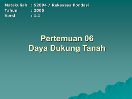 Pertemuan 06 Daya Dukung Tanah Matakuliah : S2094 / Rekayasa Pondasi Tahun