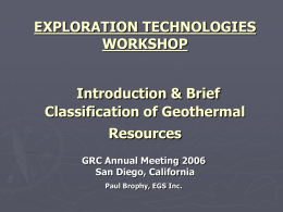 Introduction Brief Classification of Geothermal Resources