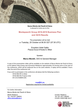 Montepaschi Group 2016-2019 Business Plan and 3Q16 Results