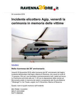 Incidente elicottero Agip, venerdì la cerimonia in memoria delle vittime
