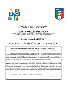Comunicato Ufficiale N&deg; 42 del 1 Dicembre 2016
