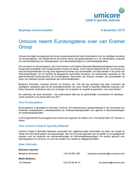 Umicore neemt Eurotungstene over van Eramet Group