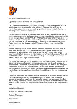 Zandvoort, 16 december 2016 Open brief namens de fractie van