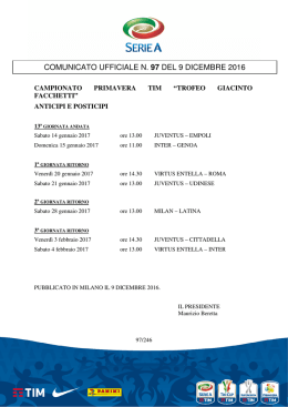 Anticipi e Posticipi 13&ordf; Andata-3&ordf; Ritorno Comunicato