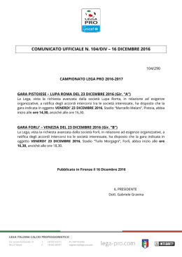 COMUNICATO UFFICIALE N. 104/DIV &ndash; 16 DICEMBRE