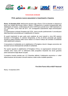 FCA: partono nuove assunzioni e inserimenti a Cassino