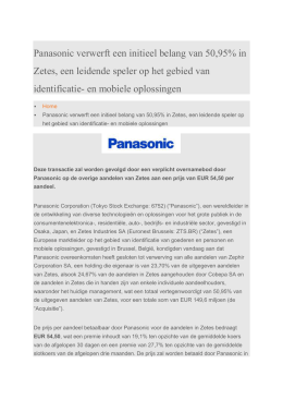 Panasonic verwerft een initieel belang van 50,95% in Zetes