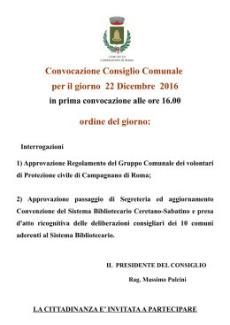 Convocazione Consiglio Comunale per il giorno 22 Dicembre 2016