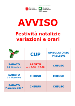 Orari sportelli CUP e Ambulatorio Prelievi