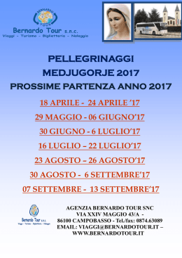 PELLEGRINAGGI MEDJUGORJE 2017