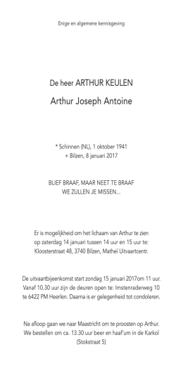 Arthur Joseph Antoine - Uitvaartcentrum Matheï