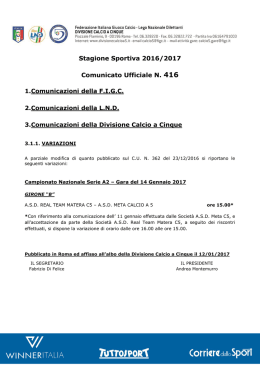 Stagione Sportiva 2016/2017 Comunicato Ufficiale N. 416