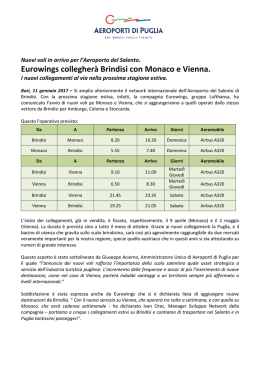 Eurowings collegherà Brindisi con Monaco e Vienna.