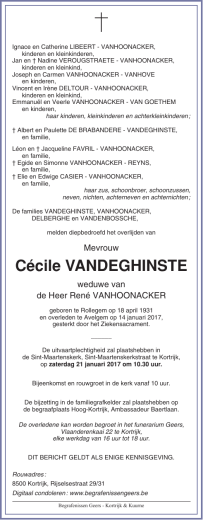 Cécile VANDEGHINSTE - Begrafenissen, Geers, Kortrijk