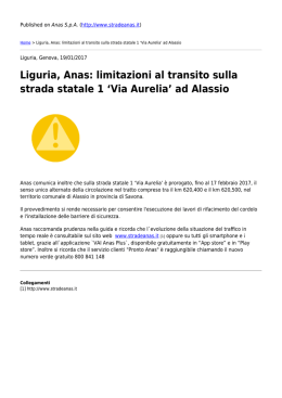 Liguria, Anas: limitazioni al transito sulla strada statale 1 `Via Aurelia