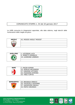 COMUNICATO STAMPA n. 54 del 20 gennaio 2017