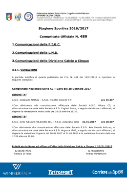 Stagione Sportiva 2016/2017 Comunicato Ufficiale N. 489