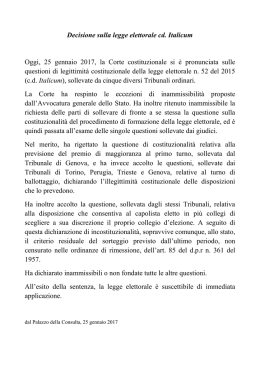 Decisione sulla legge elettorale cd. Italicum Oggi, 25 gennaio 2017