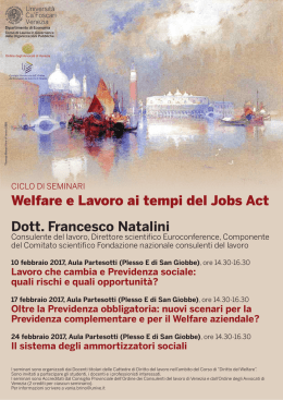 Welfare e Lavoro ai tempi del Jobs Act Dott. Francesco Natalini