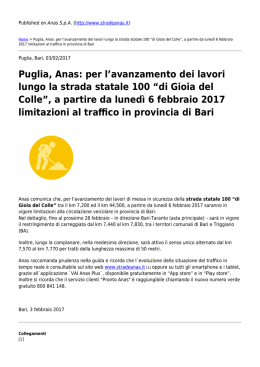 Puglia, Anas: per l`avanzamento dei lavori lungo la strada statale 100