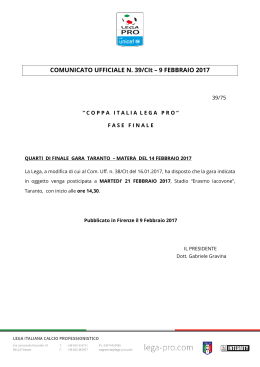 COMUNICATO UFFICIALE N. 39/CIt – 9 FEBBRAIO 2017
