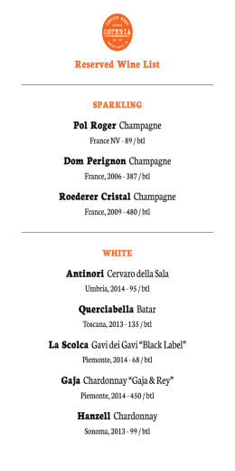 Reserved Wine List Pol Roger Champagne Dom Perignon