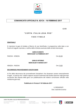 COMUNICATO UFFICIALE N. 42/CIt – 16 FEBBRAIO 2017