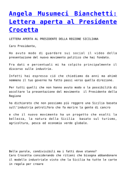 Angela Musumeci Bianchetti: Lettera aperta al Presidente Crocetta