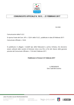 comunicato ufficiale n. 161/l &ndash; 21 febbraio 2017