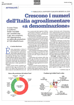 Crescono i numeri deli`Italia agroalimentare «a denominazione»