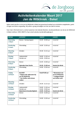 Activiteitenkalender Jan de Witkliniek - maart 2017