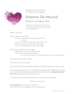Simonne De Muynck °28/07/1925 - †27/02/2017