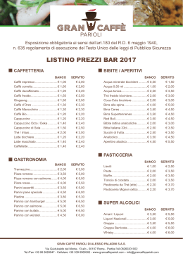 Listino prezzi - Gran Caffe` Parioli