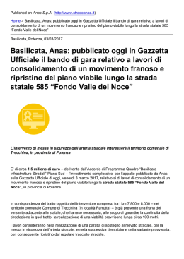 Basilicata, Anas: pubblicato oggi in Gazzetta Ufficiale il bando di