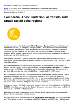 Lombardia, Anas: limitazioni al transito sulle strade statali della